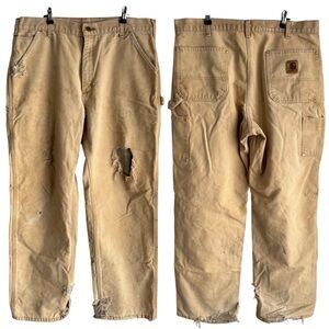 Vintage 2004 Thrashed Carhartt Pants 36/32 Beige Plaid Lined Grunge Y2K USA